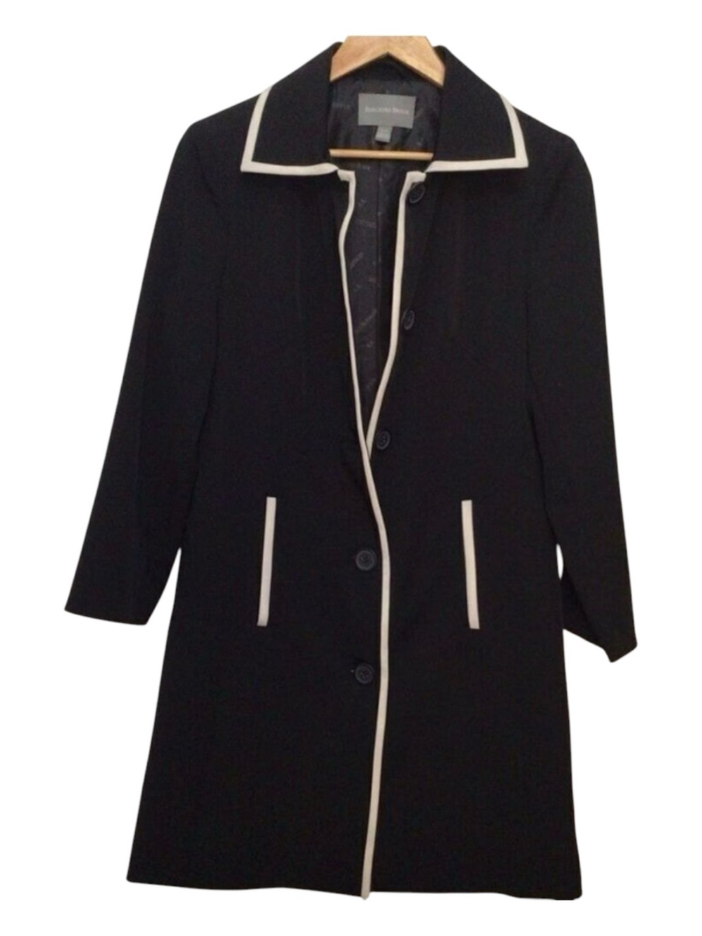 BEECHERS Brook Long black Blazer Jacket White ecru Pockets Small contemporary